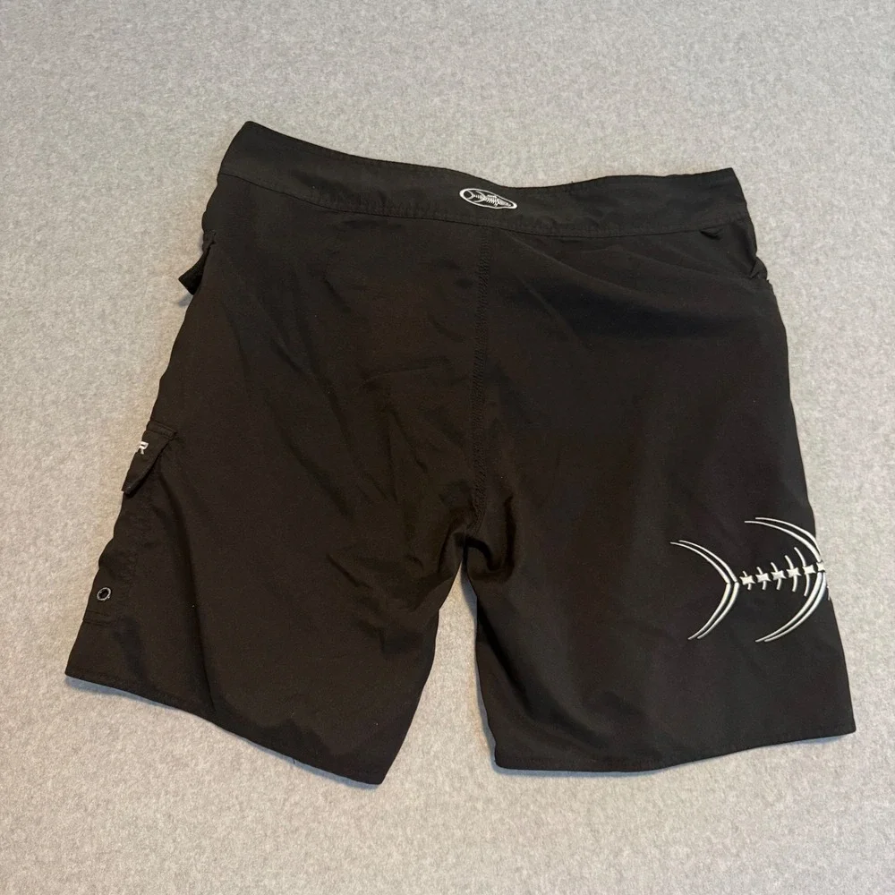Tormenter Mens Black Board Shorts 40 Embroidered Fish Skeleton Cargo Surf Swim